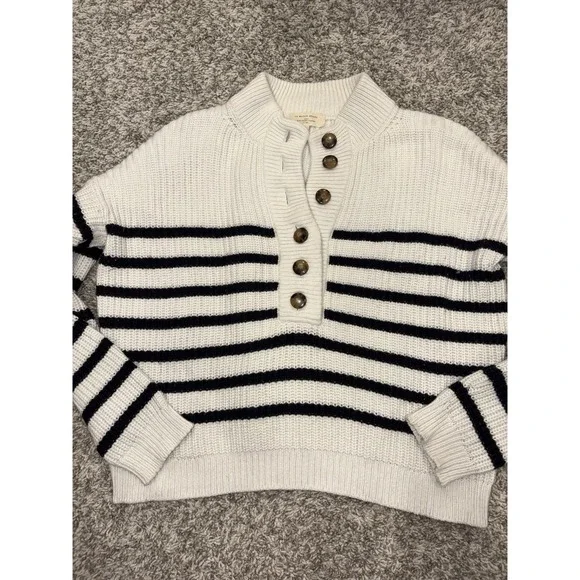 Sezane Ivory and Black Striped Button Henley Sweater - Picture 2 of 16